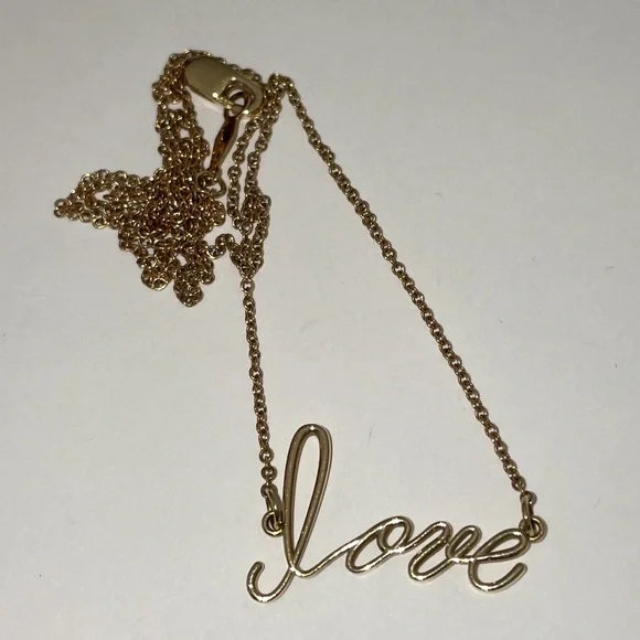 Solid Stamped14K Yellow Gold Word LOVE Cursive Script Text Necklace